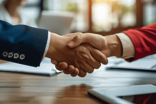 Two people shake hands across a dealership table while a contract rests beside a smartphone.
