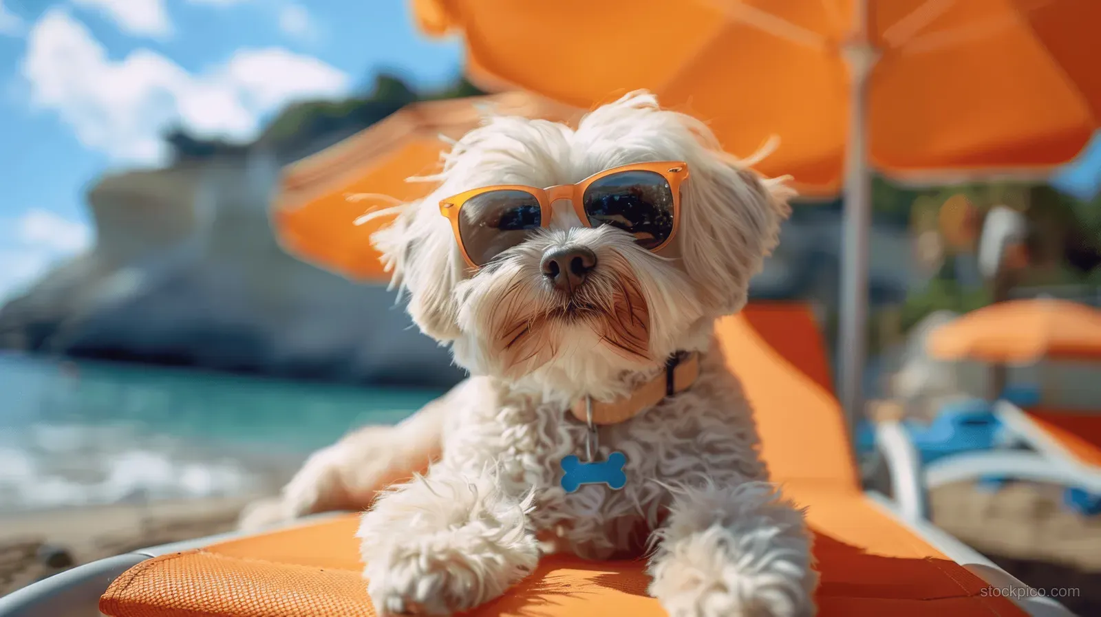 White Havanese dog wearing sunglasses rests on a beach chair under an orange umbrella by the ocean.