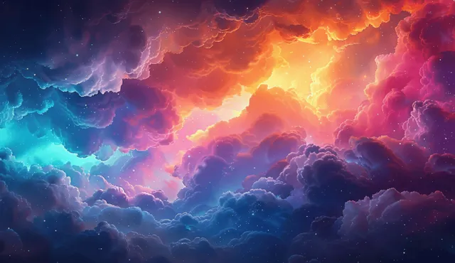 Colorful clouds surround a glowing portal in a dramatic twilight sky.