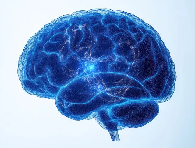 Glowing blue human brain illustration with neural network connections pulsing across the cortex.