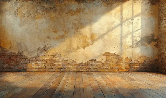 Cracked plaster wall and exposed brick corner with a weathered wooden floor under warm sunlight beams.