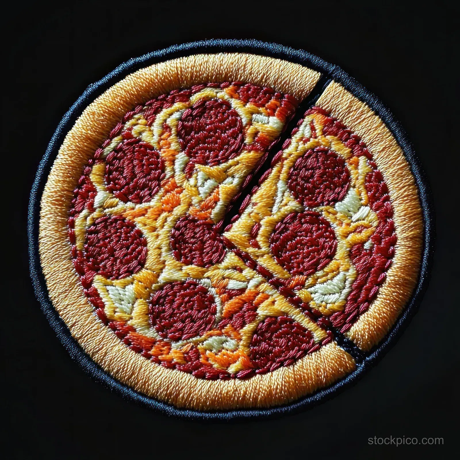 Pepperoni pizza embroidery patch with two separated slices stitched in red, yellow, and orange threads on black fabric.
