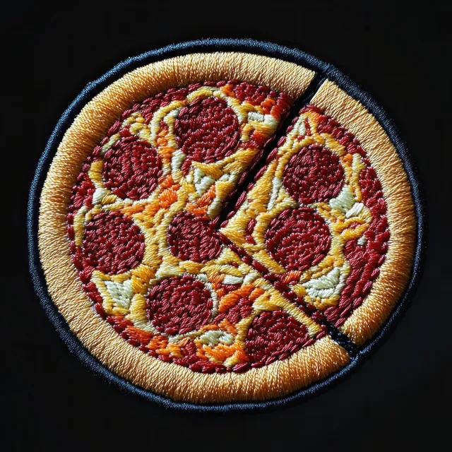 Pepperoni pizza embroidery patch with two separated slices stitched in red, yellow, and orange threads on black fabric.