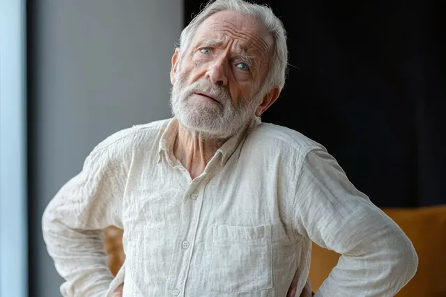 Elderly man in a light shirt holds his lower back indoors by a window with a concerned expression.
