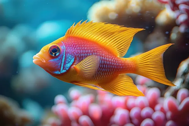 Orange and blue reef fish swim near vivid pink coral on a clear underwater reef.