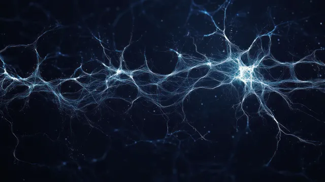 Glowing branching neural network lines spread across a dark background.