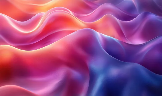 Neon interwoven rings blur into smooth purple and blue wave gradients with glowing lighting.