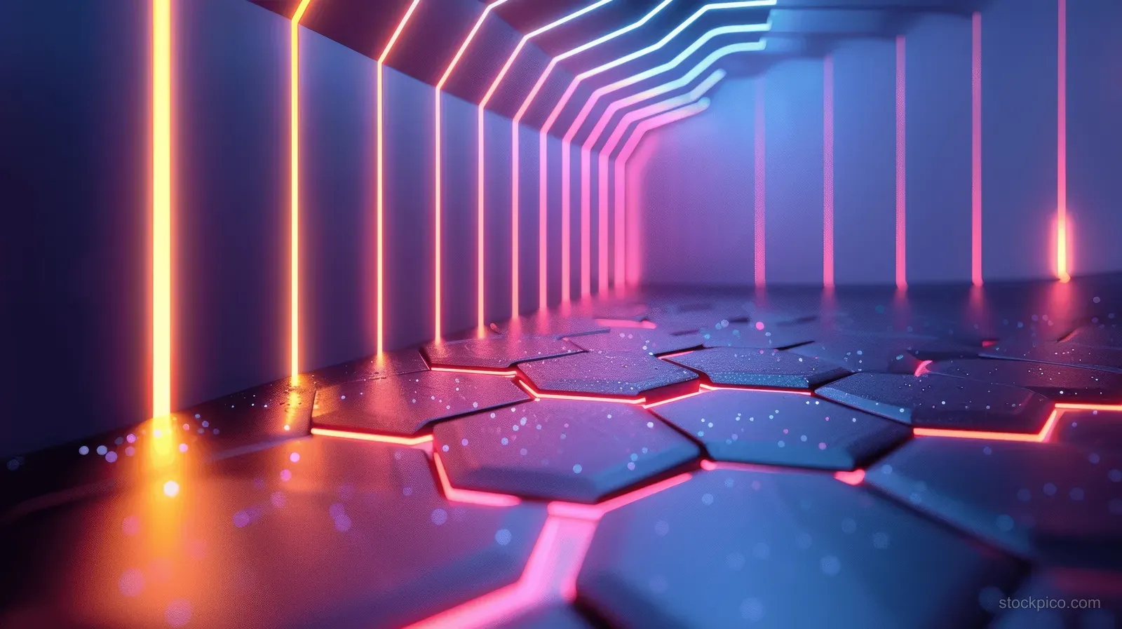 Neon-lit hexagonal grid corridor extends into a dark blue futuristic interior.