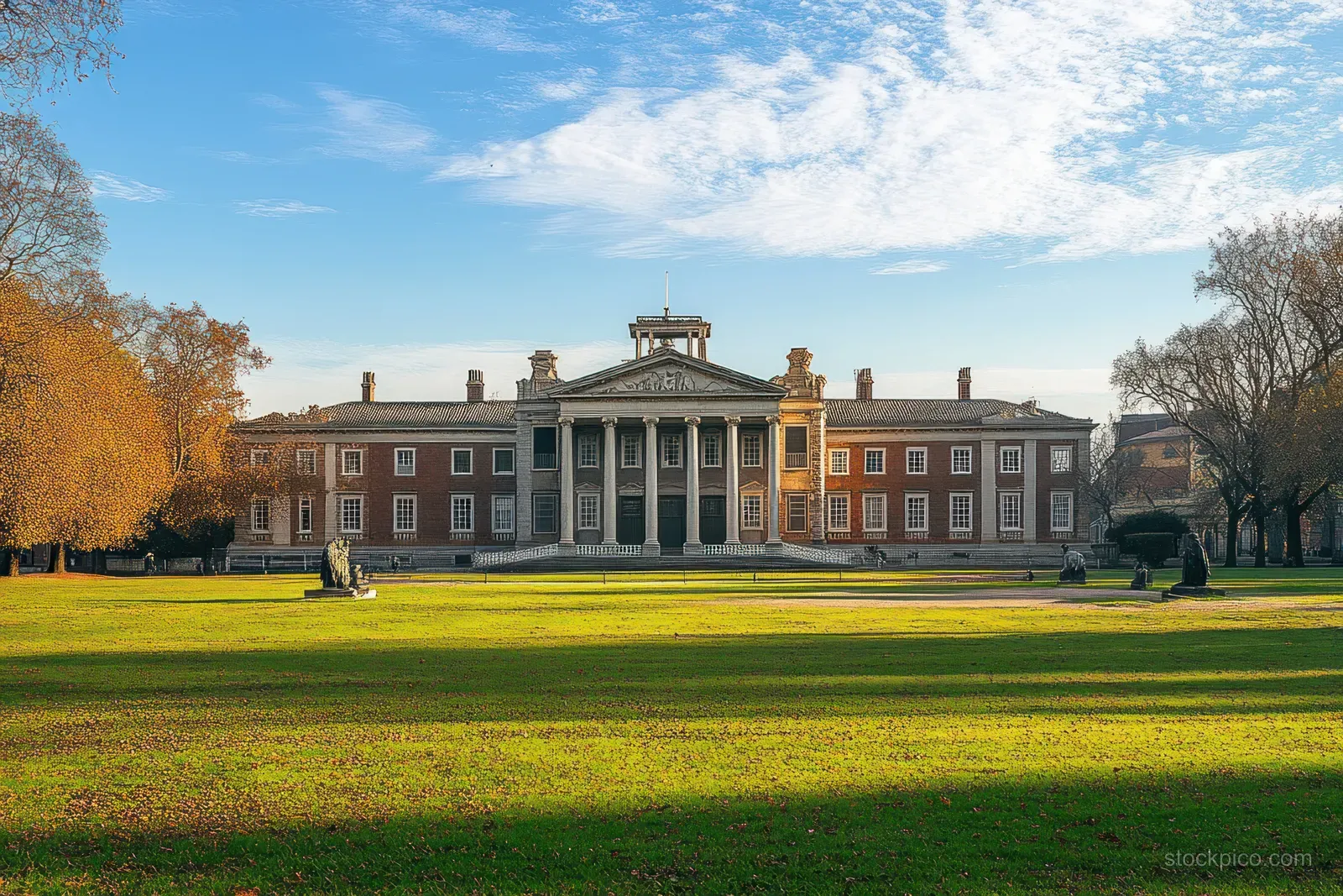 Royal Hospital Chelsea’s neoclassical building facade stands across a green lawn under a bright blue sky.