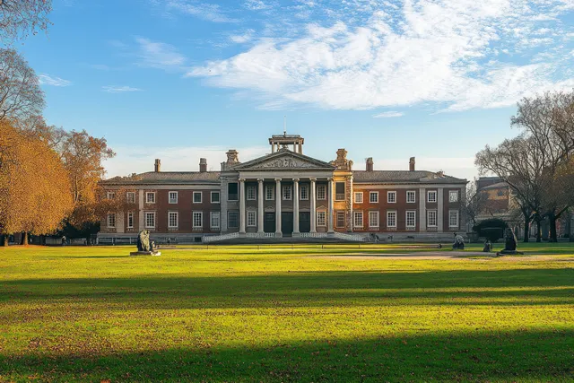 Neoclassical facade of Royal Hospital Chelsea framed by green lawn and blue sky