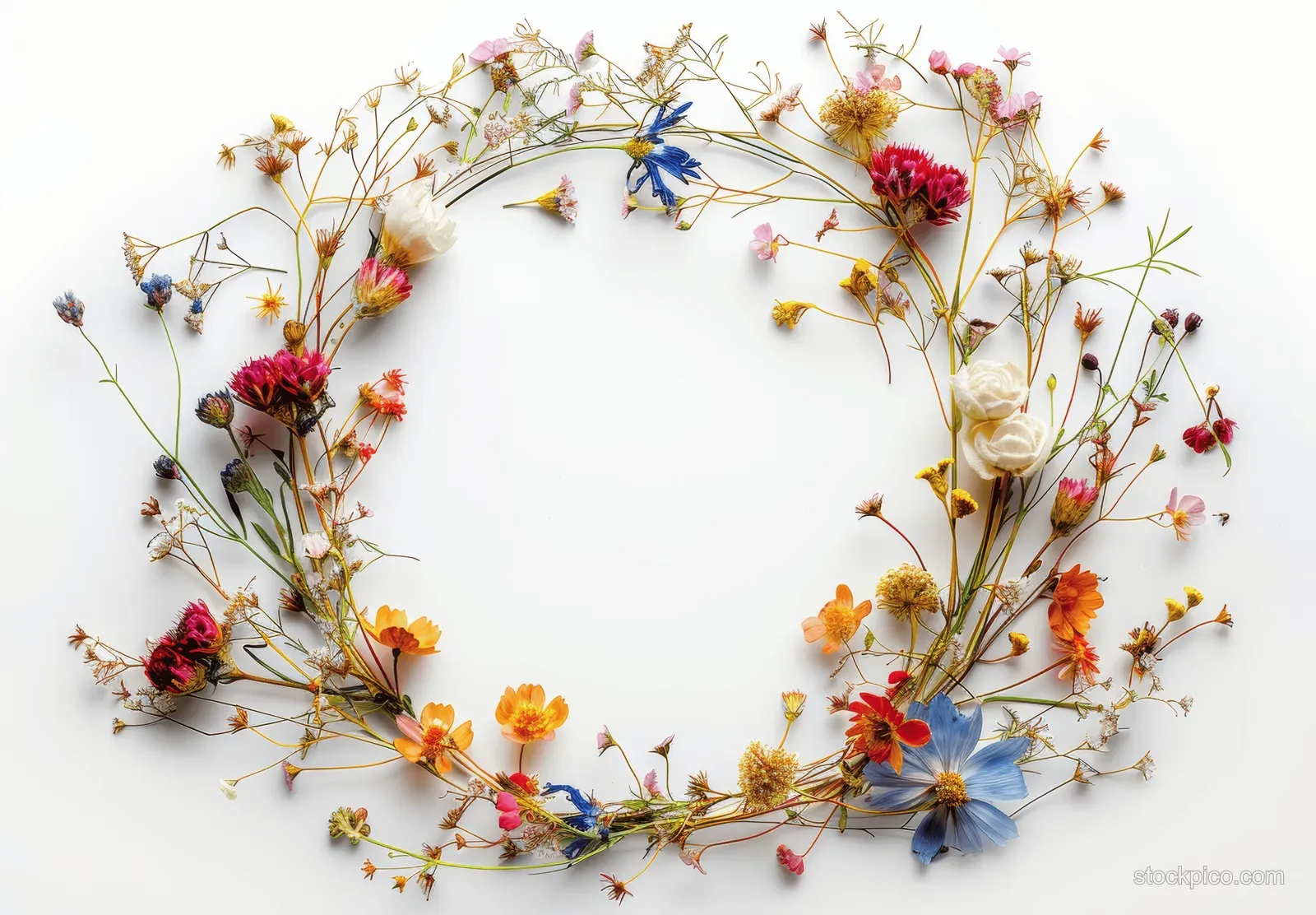 Circular wildflower wreath with colorful blossoms and looping stems arranged on a white background.