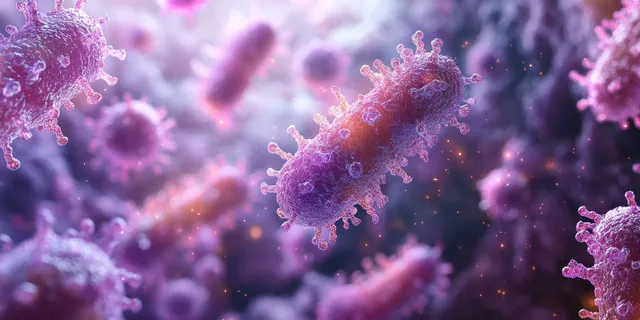 Glowing Lactobacillus-like probiotic bacteria appear in soft purple and white across a blurred microscopic background.