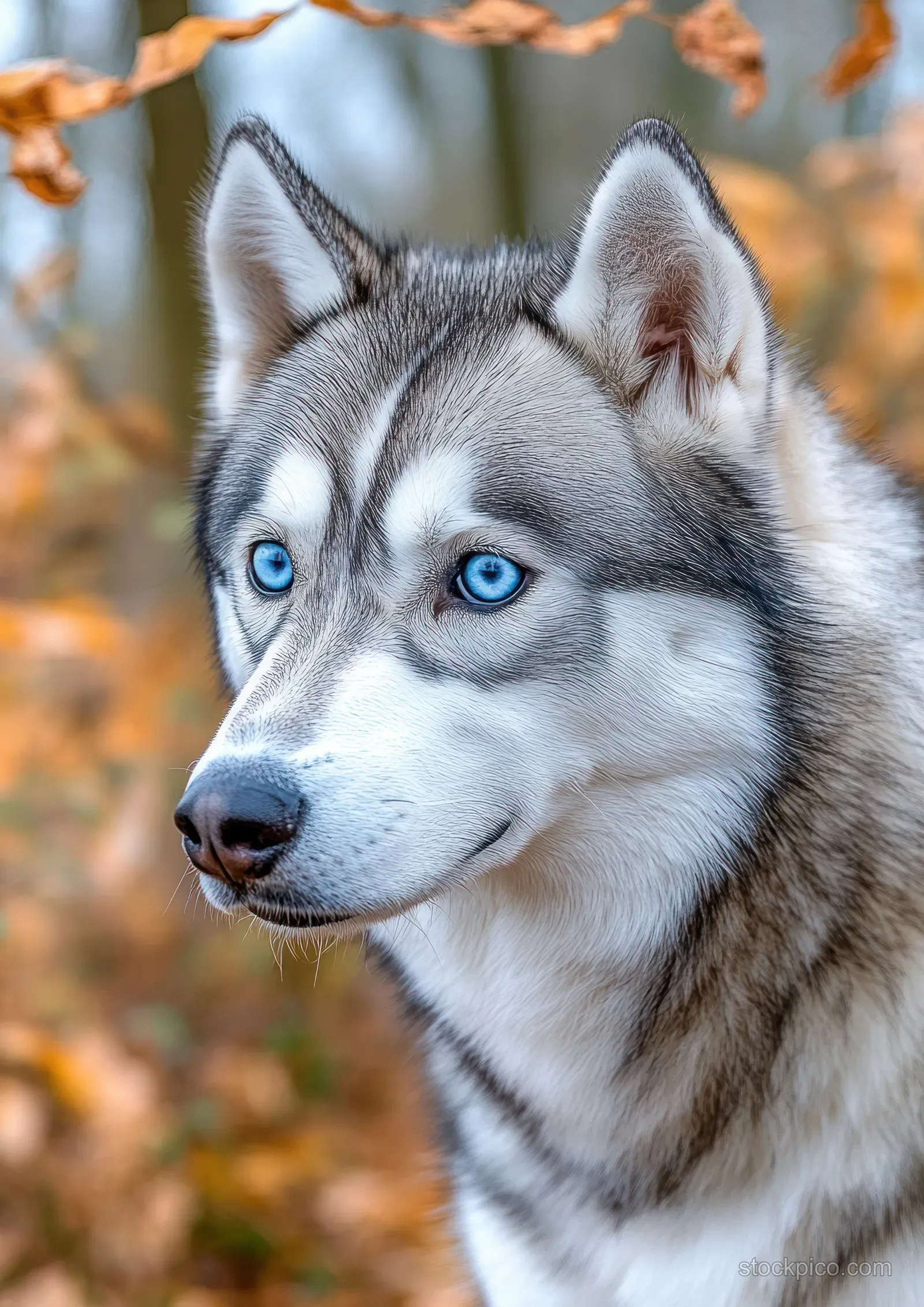 Close-up husky dog portrait with vivid blue eyes and blurred autumn leaves in the background.