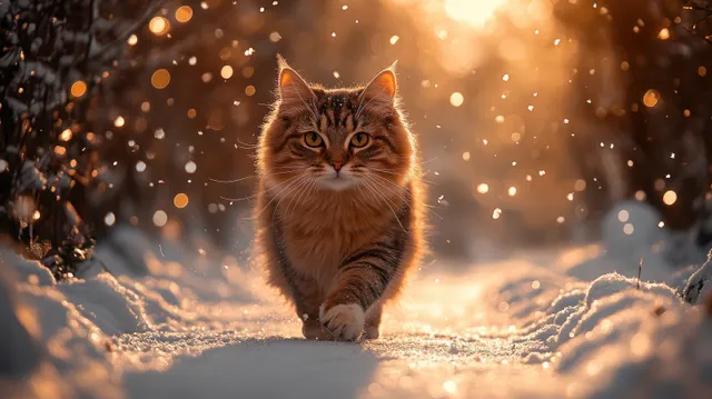 Playful tabby cat running through snowy path with glowing snowflakes in golden light