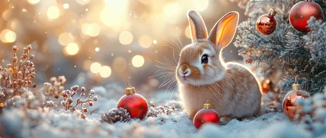 Whimsical winter rabbit sitting beside a decorated Christmas tree in soft pastel bokeh