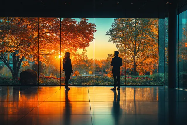 Silhouetted professionals talking by window at sunset, reflections on glossy modern office floor