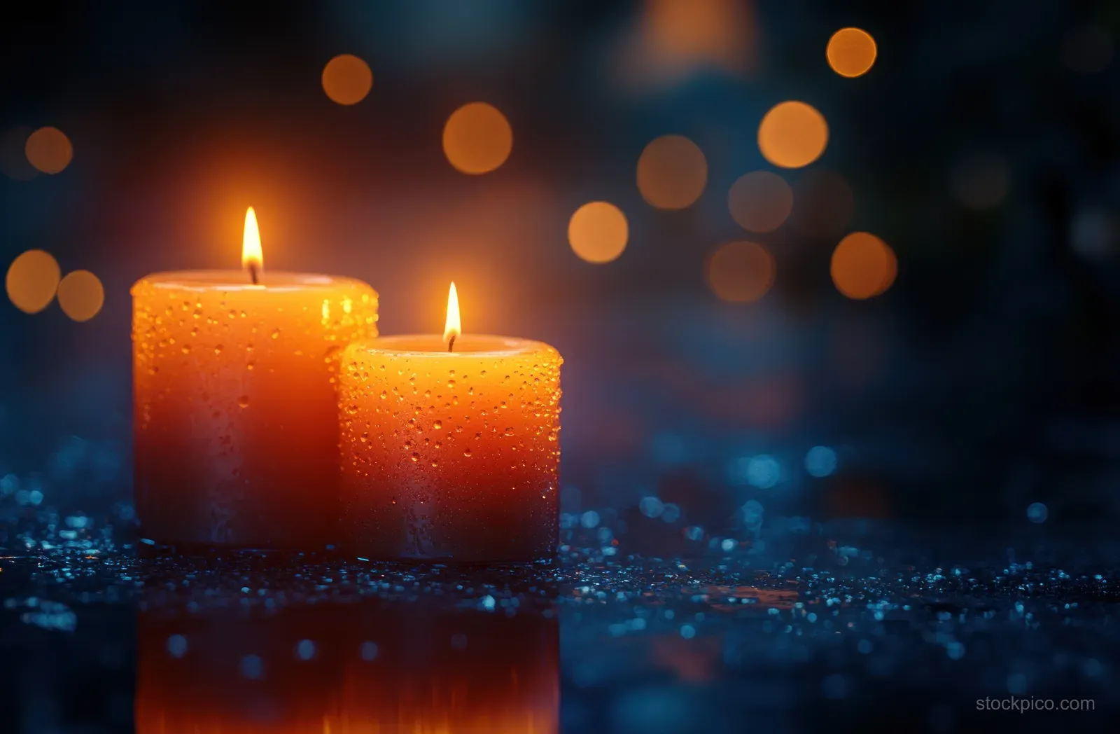 Three lit candles flicker warmly beside out-of-focus golden bokeh and reflections on a dark tabletop.