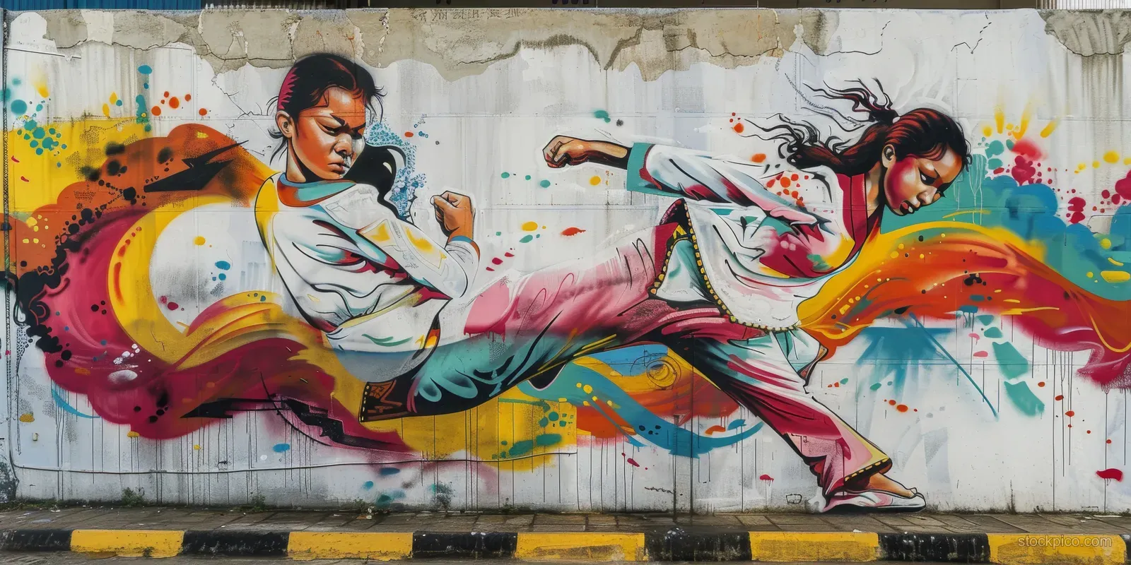 Indonesian female taekwondo flyweight athlete mid-kick in a vibrant graffiti mural showcasing martial arts energy and cultural expression.