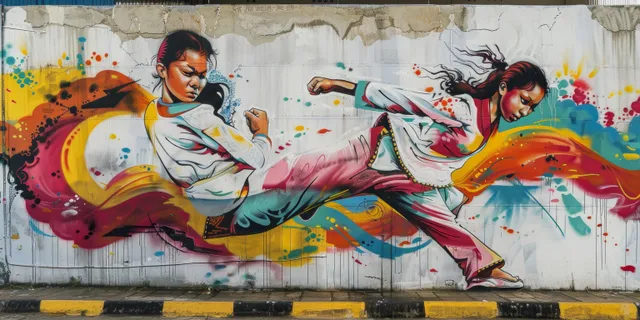 Indonesian female taekwondo flyweight athlete mid-kick in a vibrant graffiti mural showcasing martial arts energy and cultural expression.