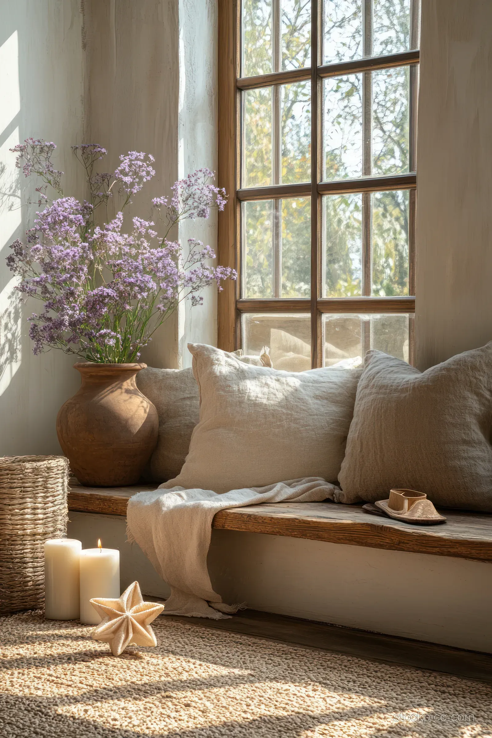 Sunlit living room with a minimalist wooden shelf, holiday ornaments, and a sofa with pillows in warm tones.