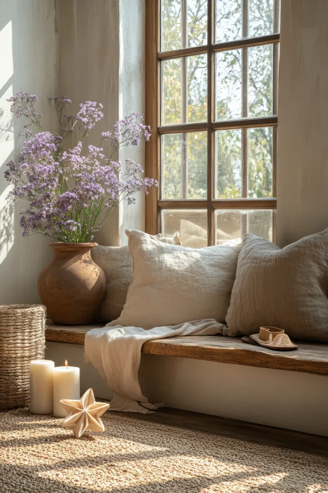 Sunlit living room with a minimalist wooden shelf, holiday ornaments, and a sofa with pillows in warm tones.