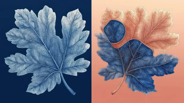 Textured blue and orange leaves on split background with detailed veins