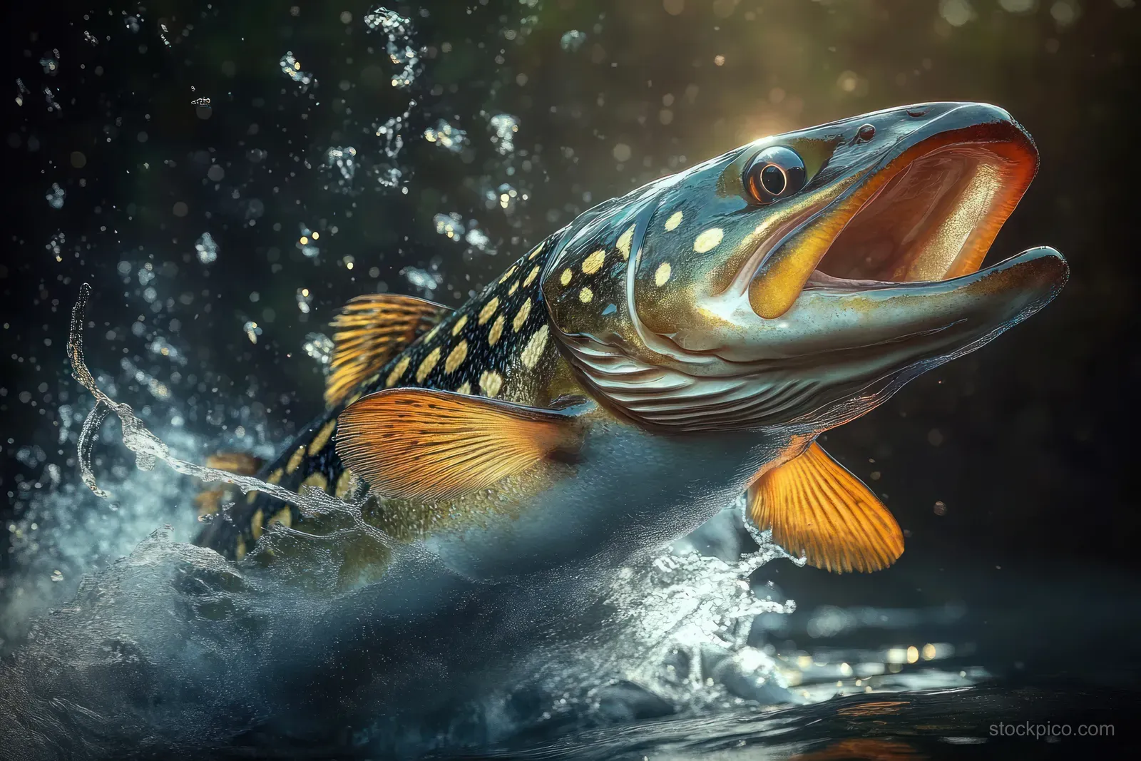 A freshwater fish leaps from dark water with its mouth open, spraying splashes and bubbles around it.