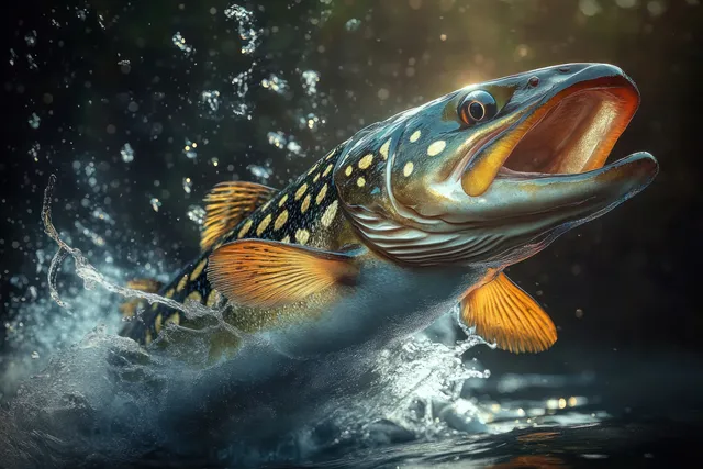 Large freshwater fish bursts from dark water, mouth open, splashing droplets and bubbles