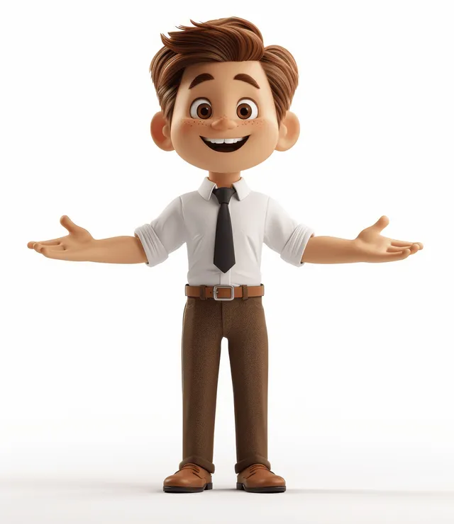 A cheerful 3D African businessman in a suit stands on a white background with both hands open and smiling.
