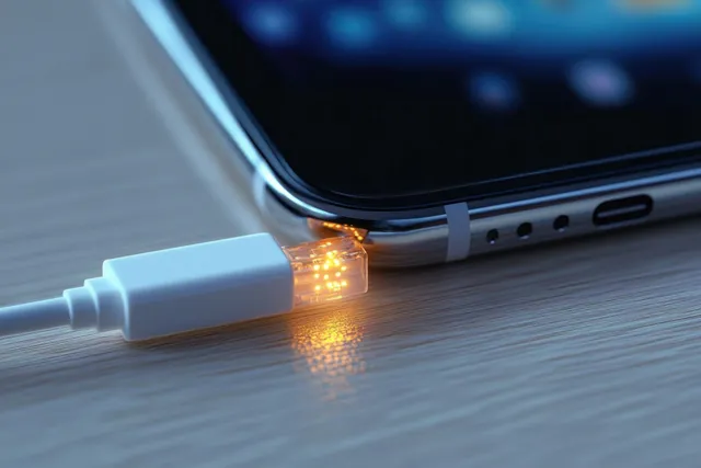 Close-up of a smartphone port connected to a white ethernet cable with glowing golden connector lights on wood.
