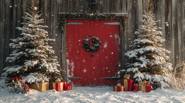 Rustic red barn door with a wreath in falling snow, snowy pines, and wrapped Christmas gifts at the entrance.