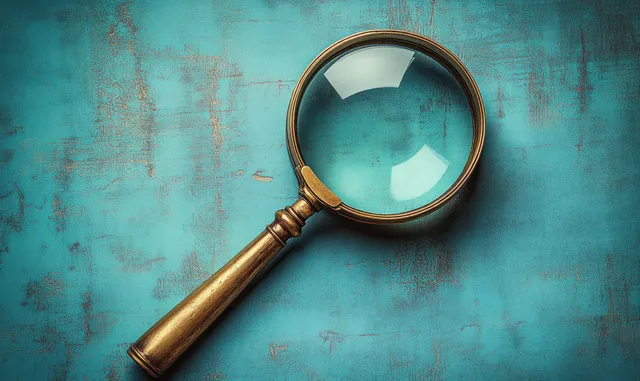 Antique brass magnifying glass with reflective lens on a textured turquoise surface.