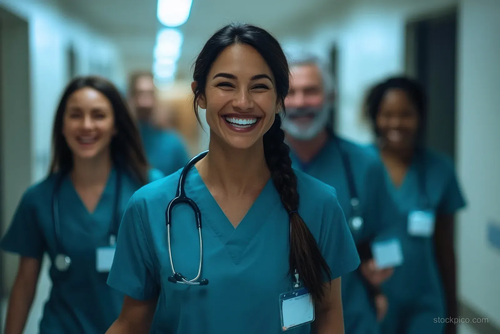 Smiling female nurse with a stethoscope and braided hair walks toward camera down a hospital corridor with coworkers behind.
