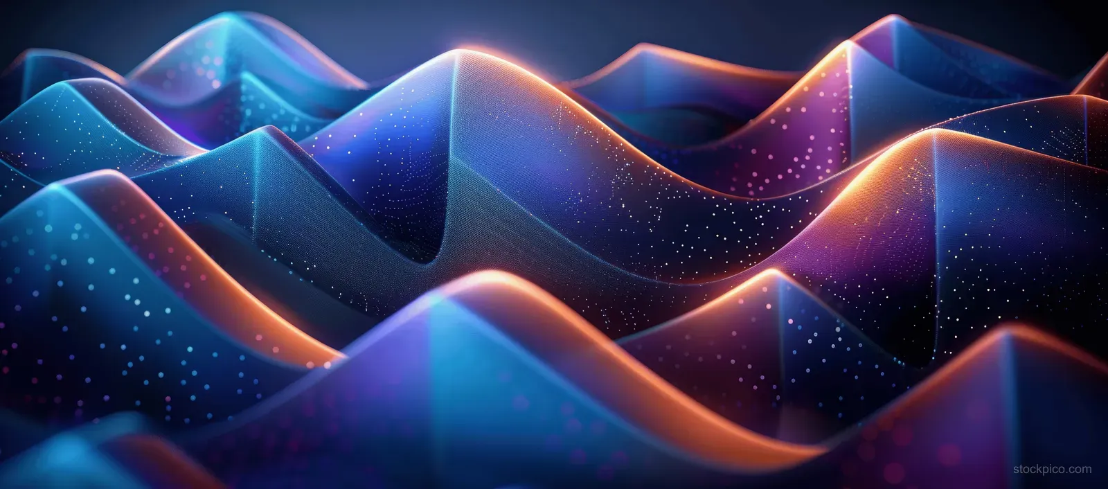 Glowing blue geometric cubes form a wavy tech pattern with dotted particles and orange light edges on a dark background.