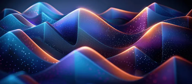 Glowing blue geometric cubes form a wavy tech pattern with dotted particles and orange light edges on a dark background.