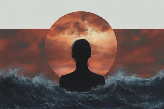 Silhouette figure standing in stormy ocean waves before a glowing orange-red sun