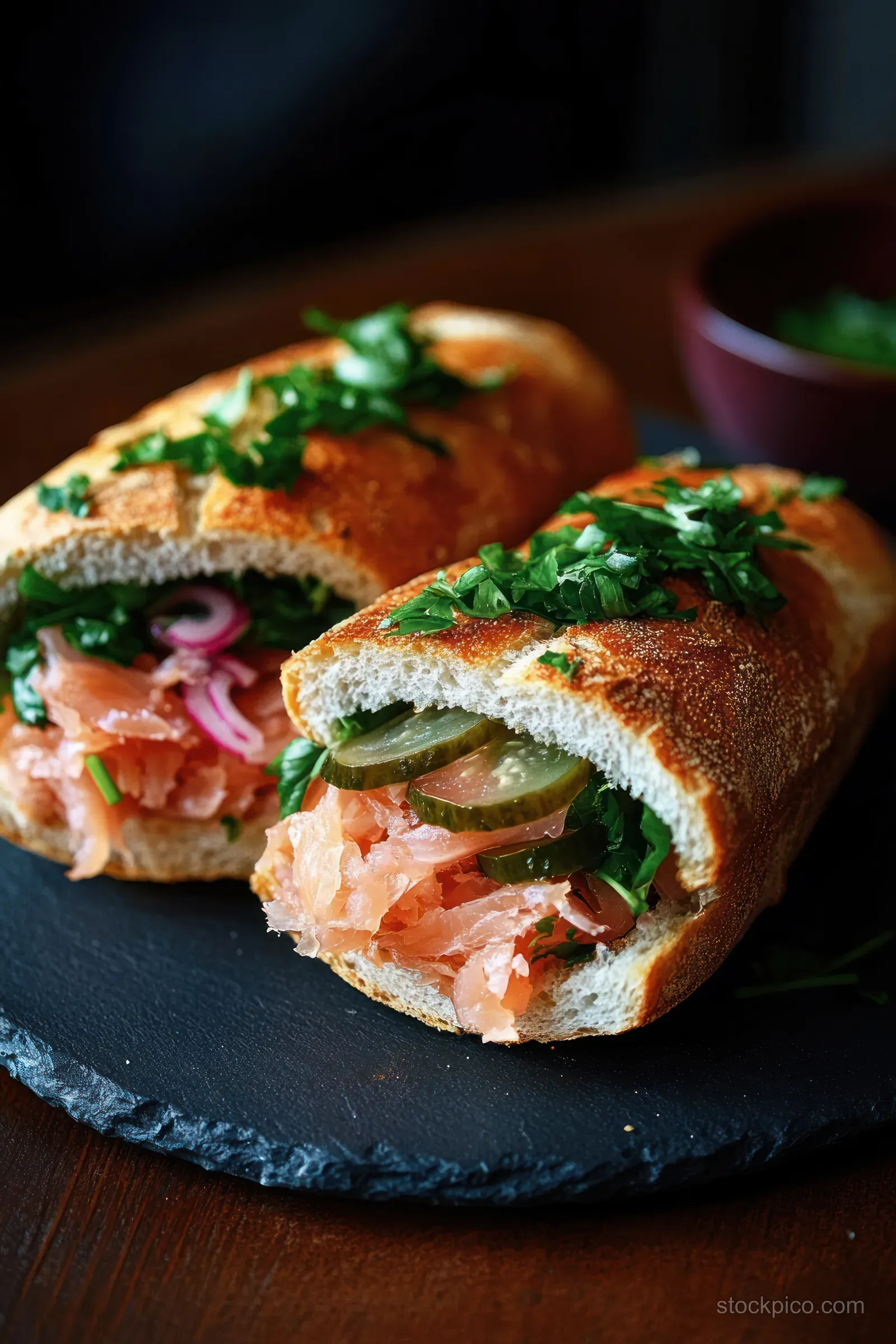 Smoked salmon sandwich roll with pickles, red onion, and green herbs served on a dark slate plate.