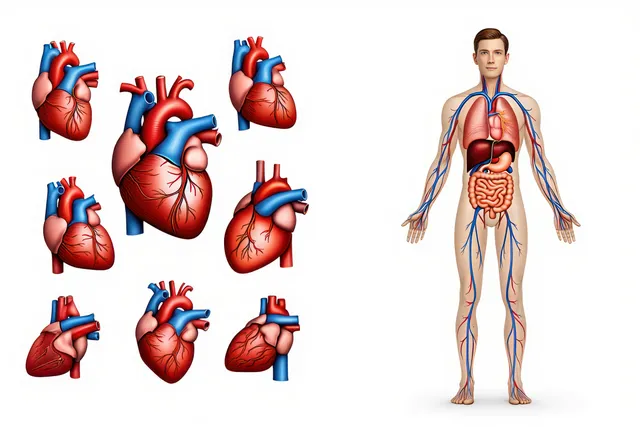 Medical anatomy illustration displays multiple heart angles beside a full-body figure with internal organs and blood vessel lines.