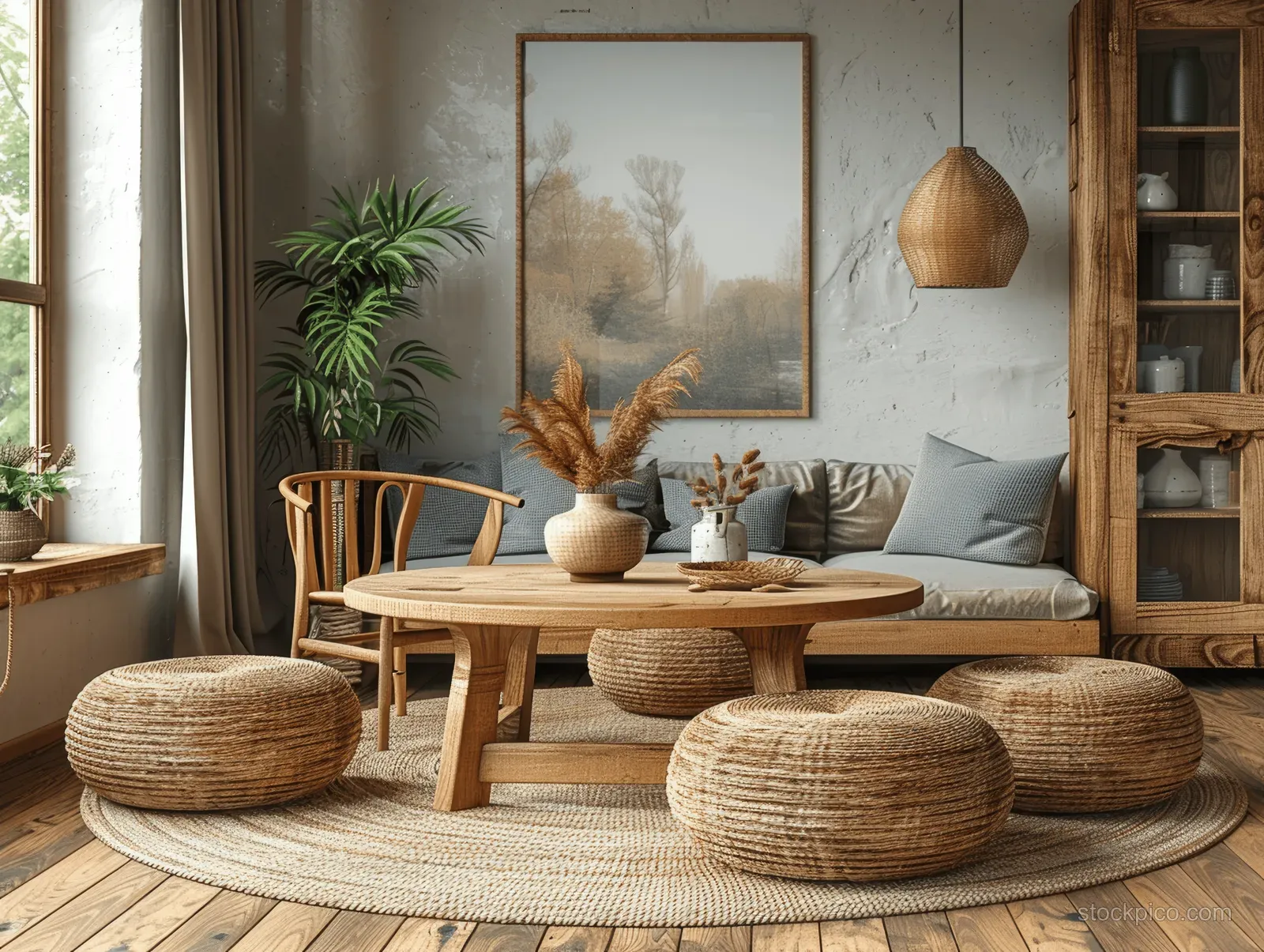 A minimalist living room with a wooden sofa, round woven poufs, neutral decor, and soft daylight from a window.