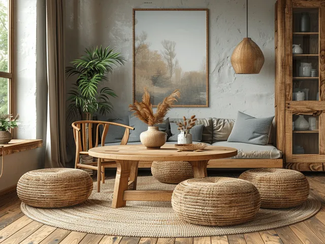A minimalist living room with a wooden sofa, round woven poufs, neutral decor, and soft daylight from a window.