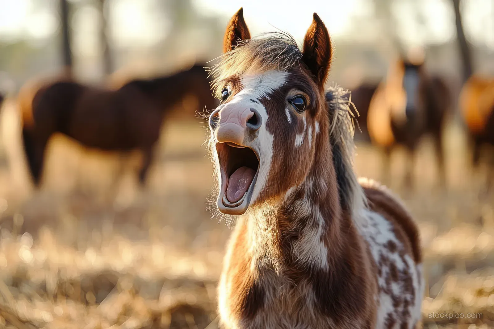 Spotted horse foal neighs with mouth open in a sunlit pasture while other horses blur behind it.