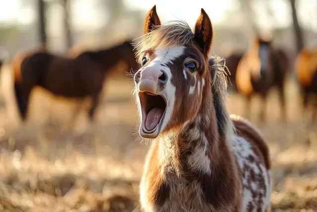 Spotted horse foal neighs with mouth open in a sunlit pasture while other horses blur behind it.