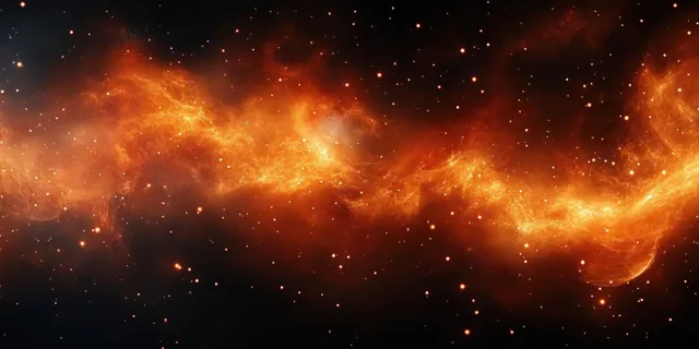 Orange-red nebula cloud swirls across starfield, glowing gaseous filaments and scattered sparks