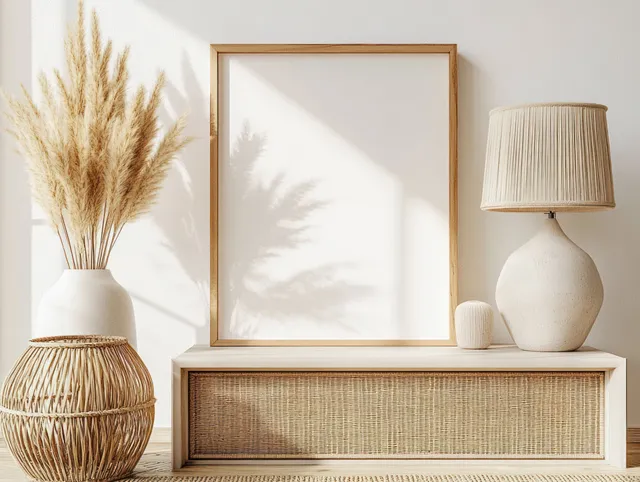 Blank wall frame above a console with a white vase holding dried grass, wicker basket, and a warm lamp.