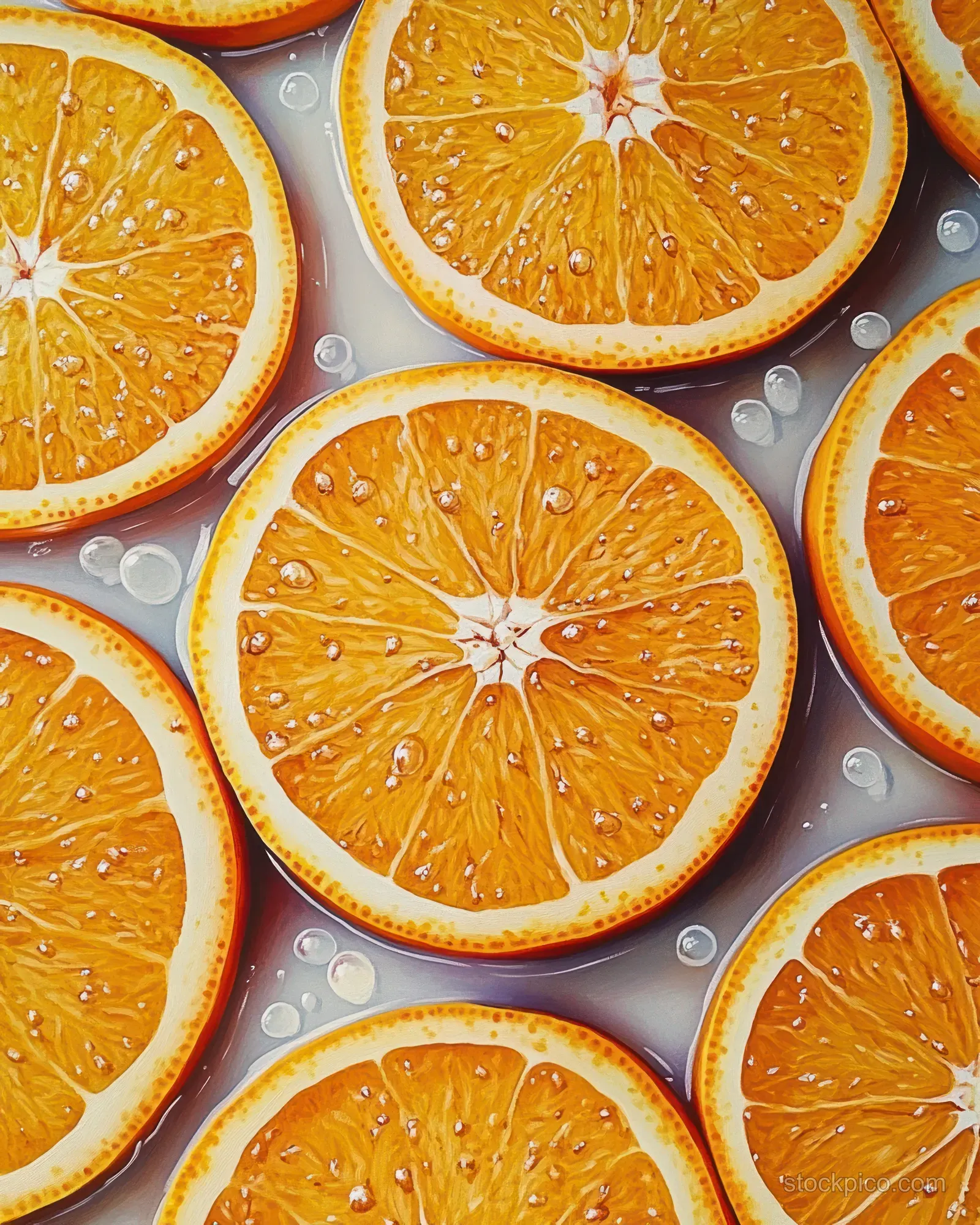 Close-up of orange slices packed together, each showing juicy segments with sparkling water droplets.