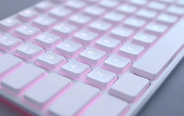 Top-down close-up of a white laptop keyboard with smooth keys and subtle pink-blue neon reflections.