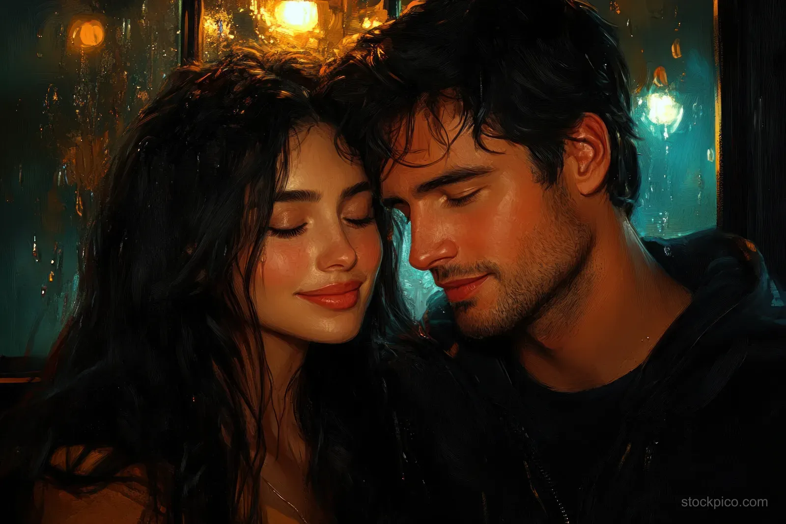 A couple shares a close romantic moment under dim warm street lighting with faces partially obscured by shadow.