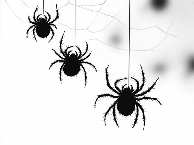 Three black spider silhouettes hang from thin threads in front of a white background with a faint cobweb.