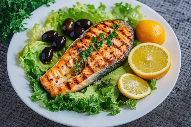 Grilled salmon fillet on green lettuce with black olives and lemon slices on a white plate.