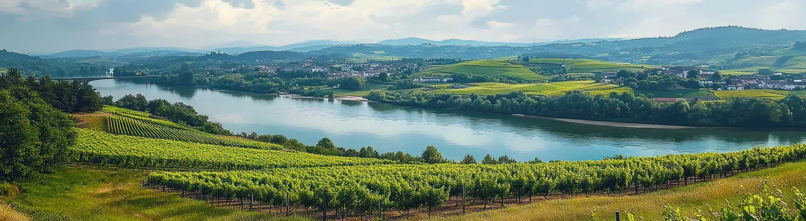 Sunlit vineyard hills slope down to the Rhine River near Bingen am Rhein with distant countryside in view.